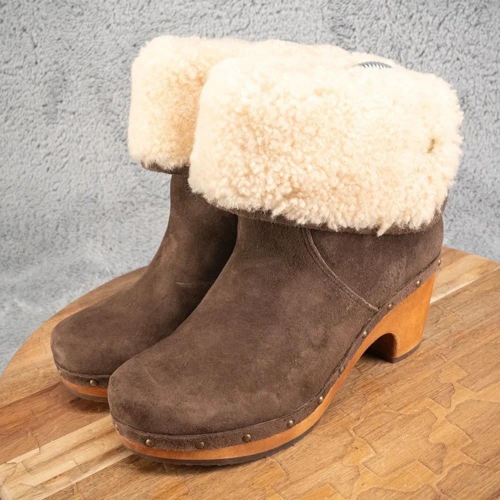 UGG  Women's Lynnea US‎ 5 Fold Over Leather Brown Shearling Cuff Clog Boot